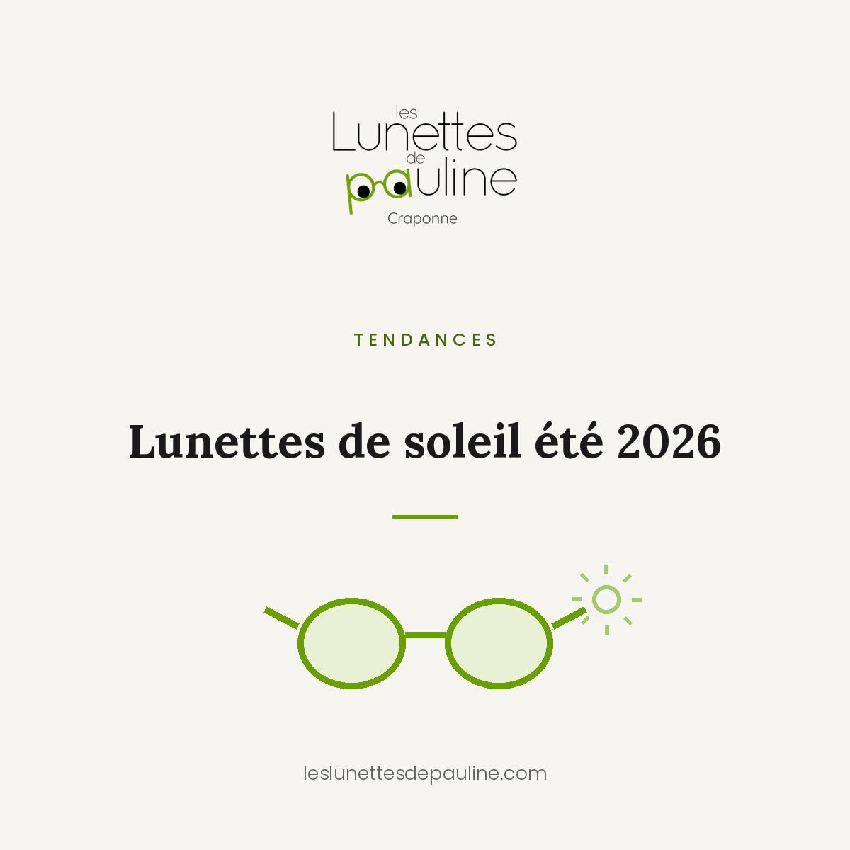 Lunettes de soleil été 2026, illustration d'une paire de solaires aux verres teintés et d'un soleil, Les Lunettes de Pauline