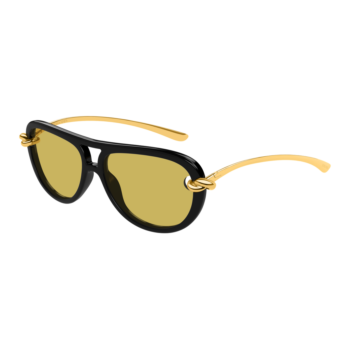 Bottega Veneta BV1418S Noir Doré Verres Jaunes 001 de trois-quarts - Les Lunettes de Pauline