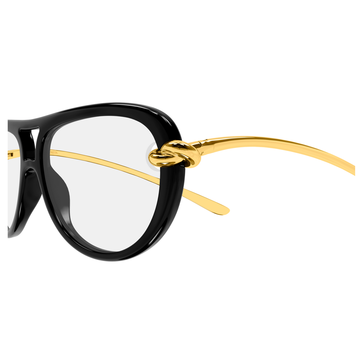 Bottega Veneta BV1418S Noir Doré Verres Clairs 006 en détail des branches - Les Lunettes de Pauline