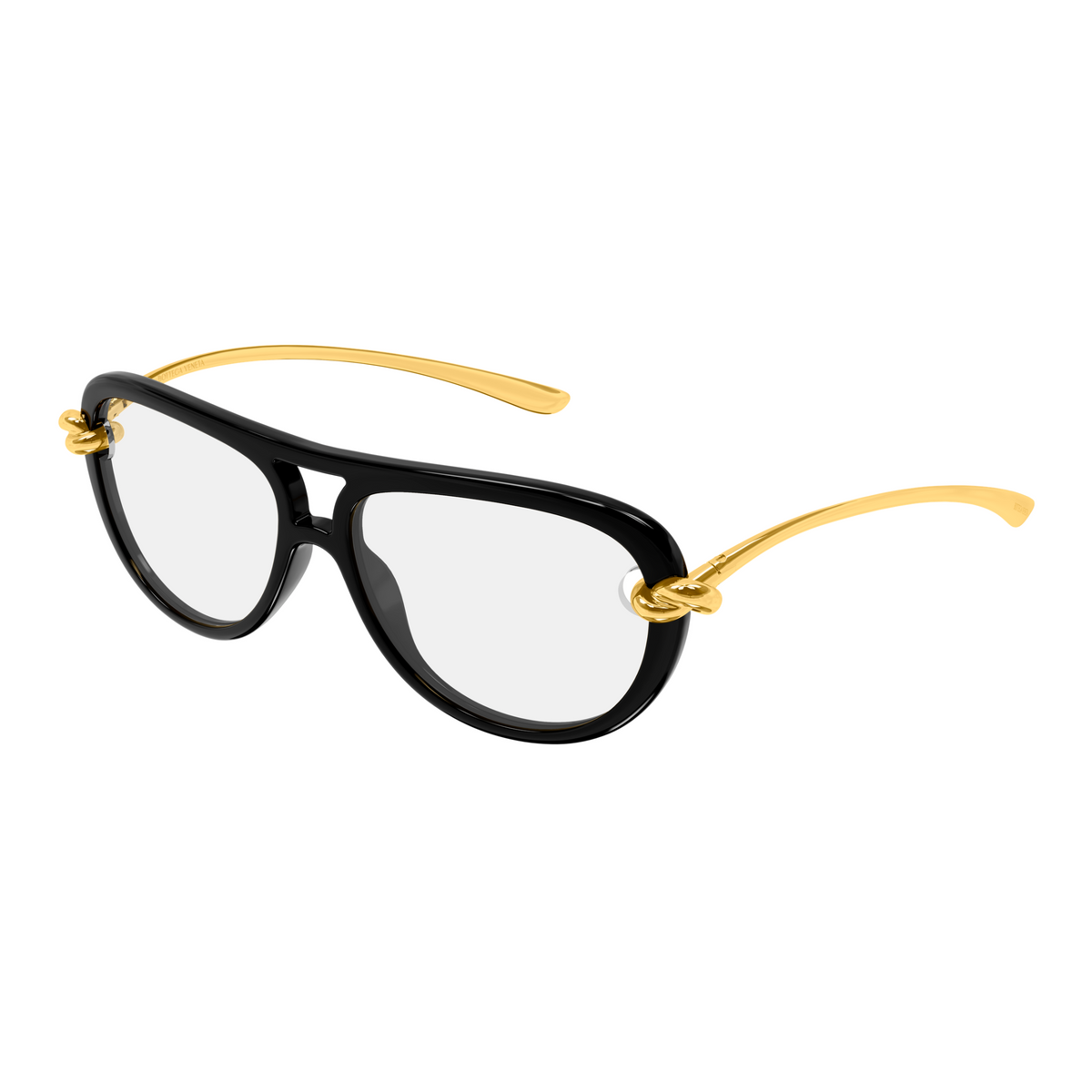 Bottega Veneta BV1418S Noir Doré Verres Clairs 006 de trois-quarts - Les Lunettes de Pauline