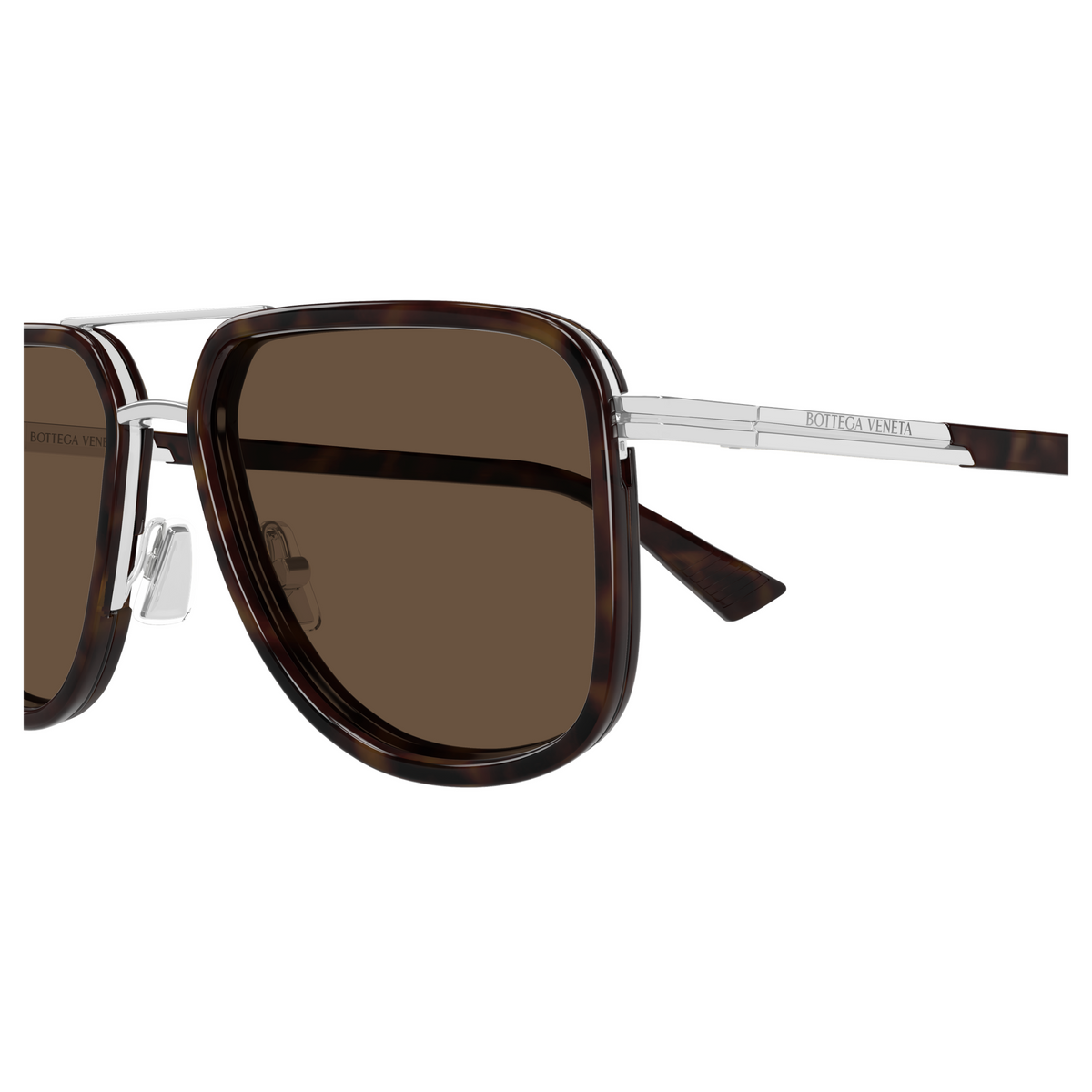 Bottega Veneta BV1463S Argenté Verres Bruns 002 en détail des branches - Les Lunettes de Pauline