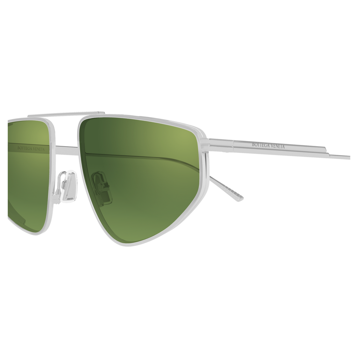 Bottega Veneta BV1466S Argenté Verres Verts 002 en détail des branches - Les Lunettes de Pauline