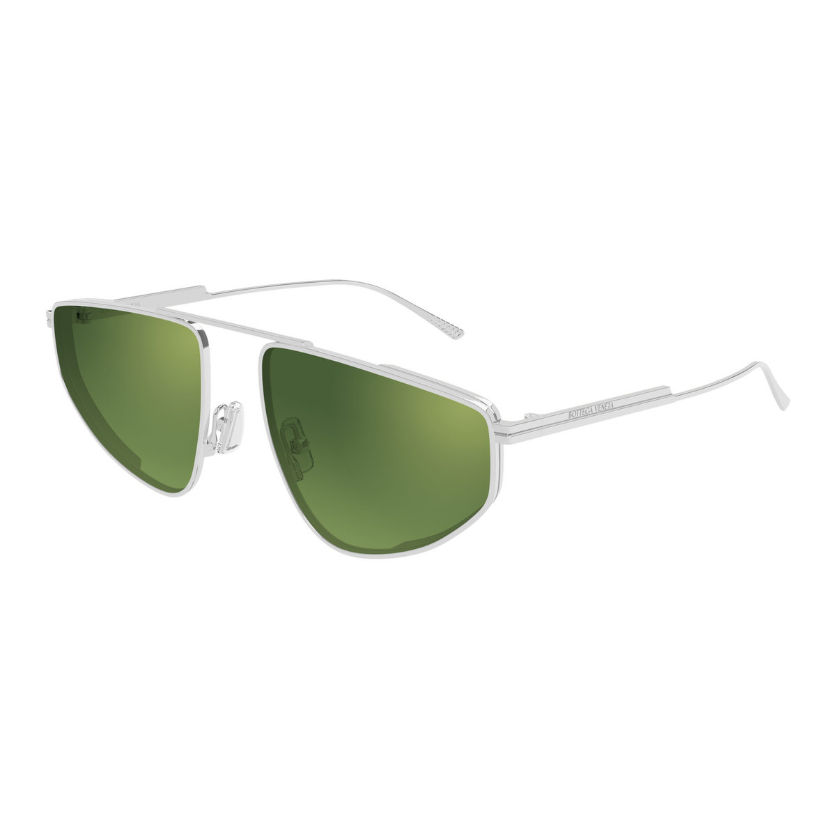 Bottega Veneta BV1466S Argenté Verres Verts 002 de trois-quarts - Les Lunettes de Pauline