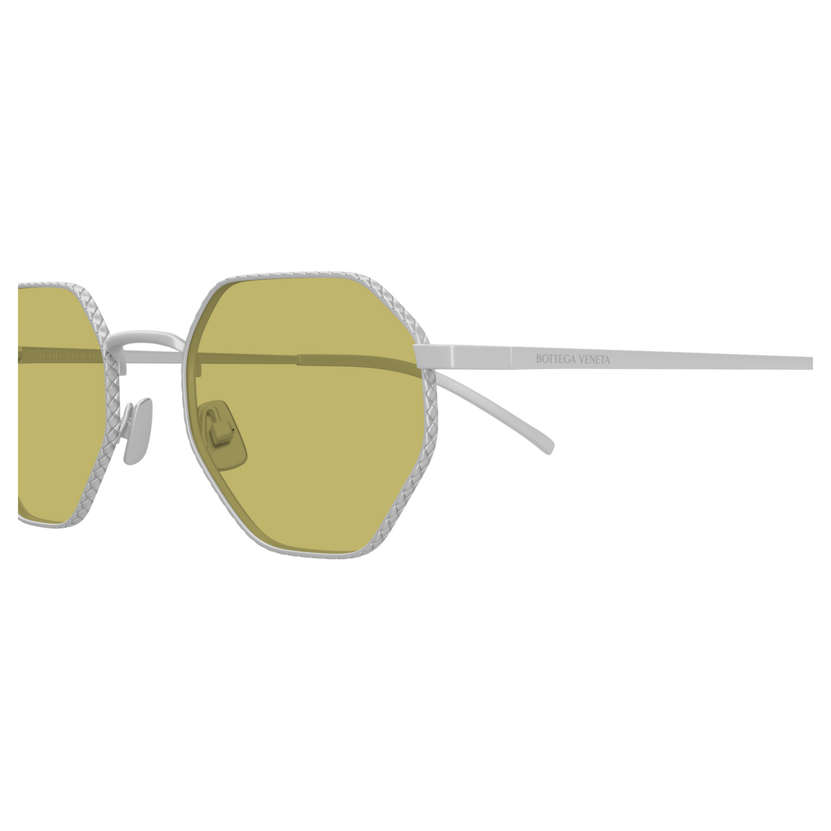 Bottega Veneta BV1471S Argenté Verres Jaunes 002 en détail des branches - Les Lunettes de Pauline
