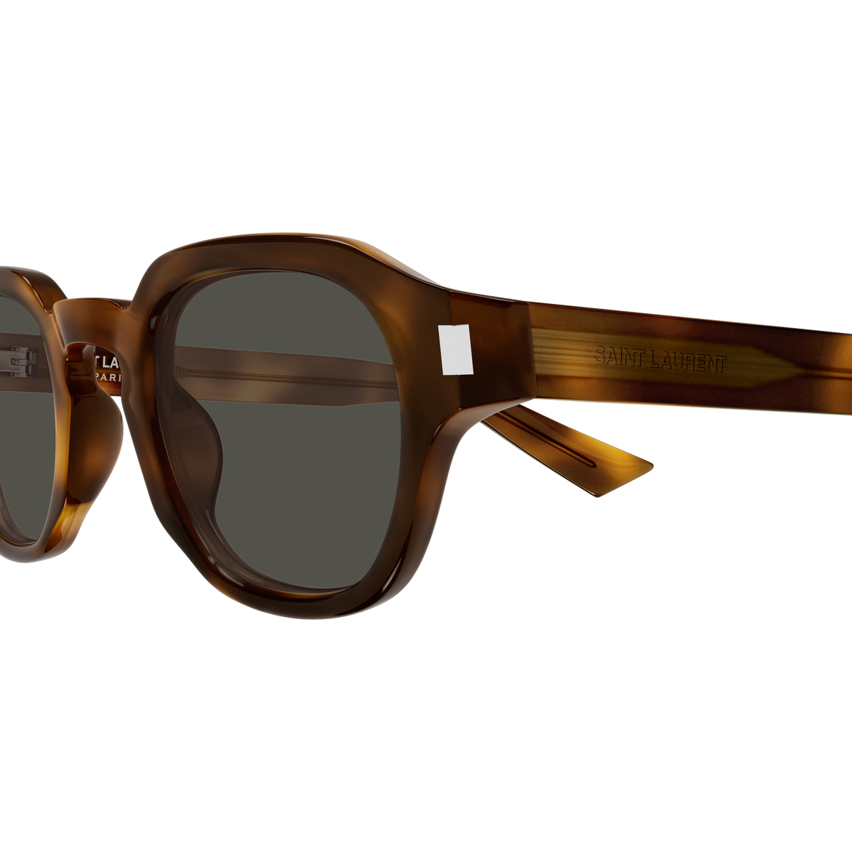 Saint Laurent Corner Angle SL 946 Écaille Havane 002 en détail des branches - Les Lunettes de Pauline