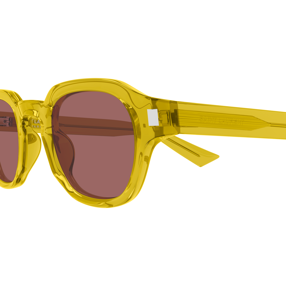 Saint Laurent Corner Angle SL 946 Jaune Translucide 004 en détail des branches - Les Lunettes de Pauline