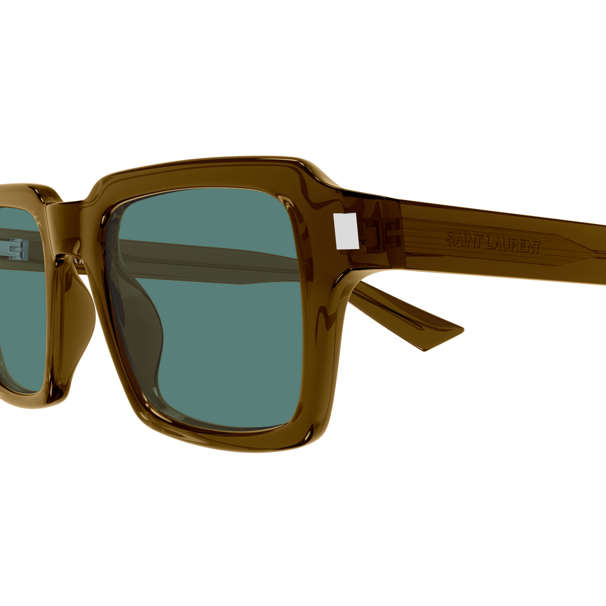 Saint Laurent Corner Angle SL 947 Kaki Translucide 004 en détail des branches - Les Lunettes de Pauline