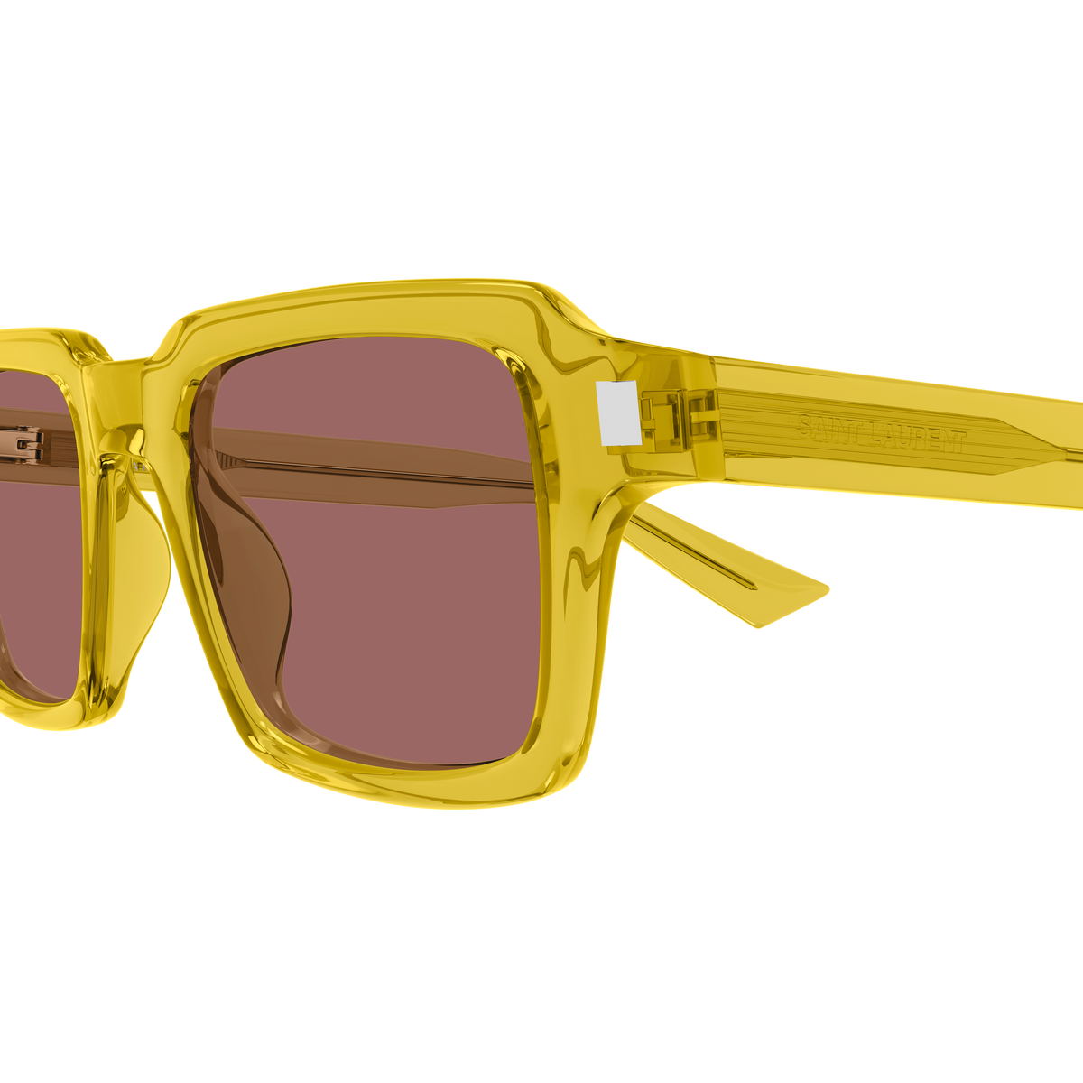 Saint Laurent Corner Angle SL 947 Jaune Translucide 005 en détail des branches - Les Lunettes de Pauline