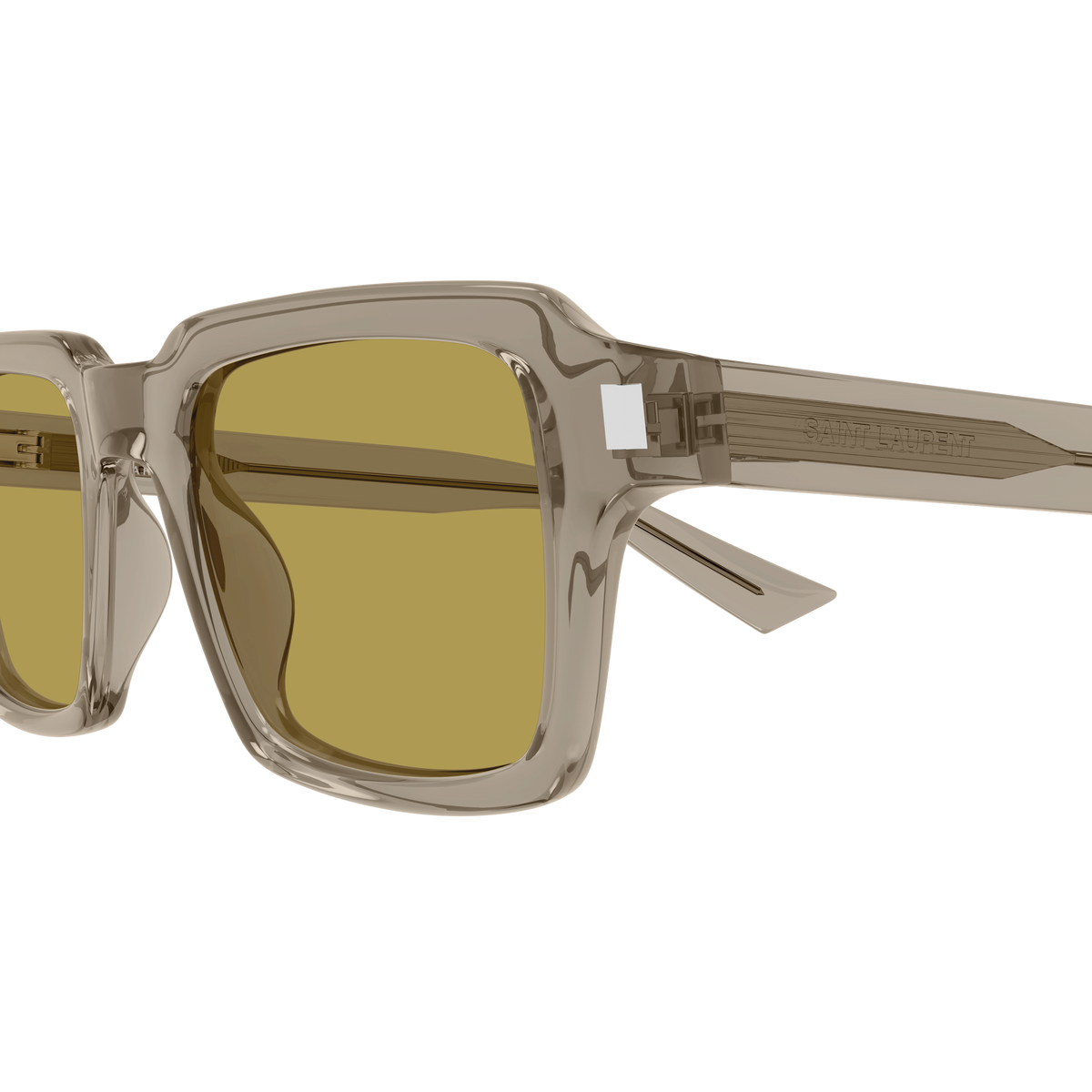 Saint Laurent Corner Angle SL 947 Taupe Translucide 006 en détail des branches - Les Lunettes de Pauline