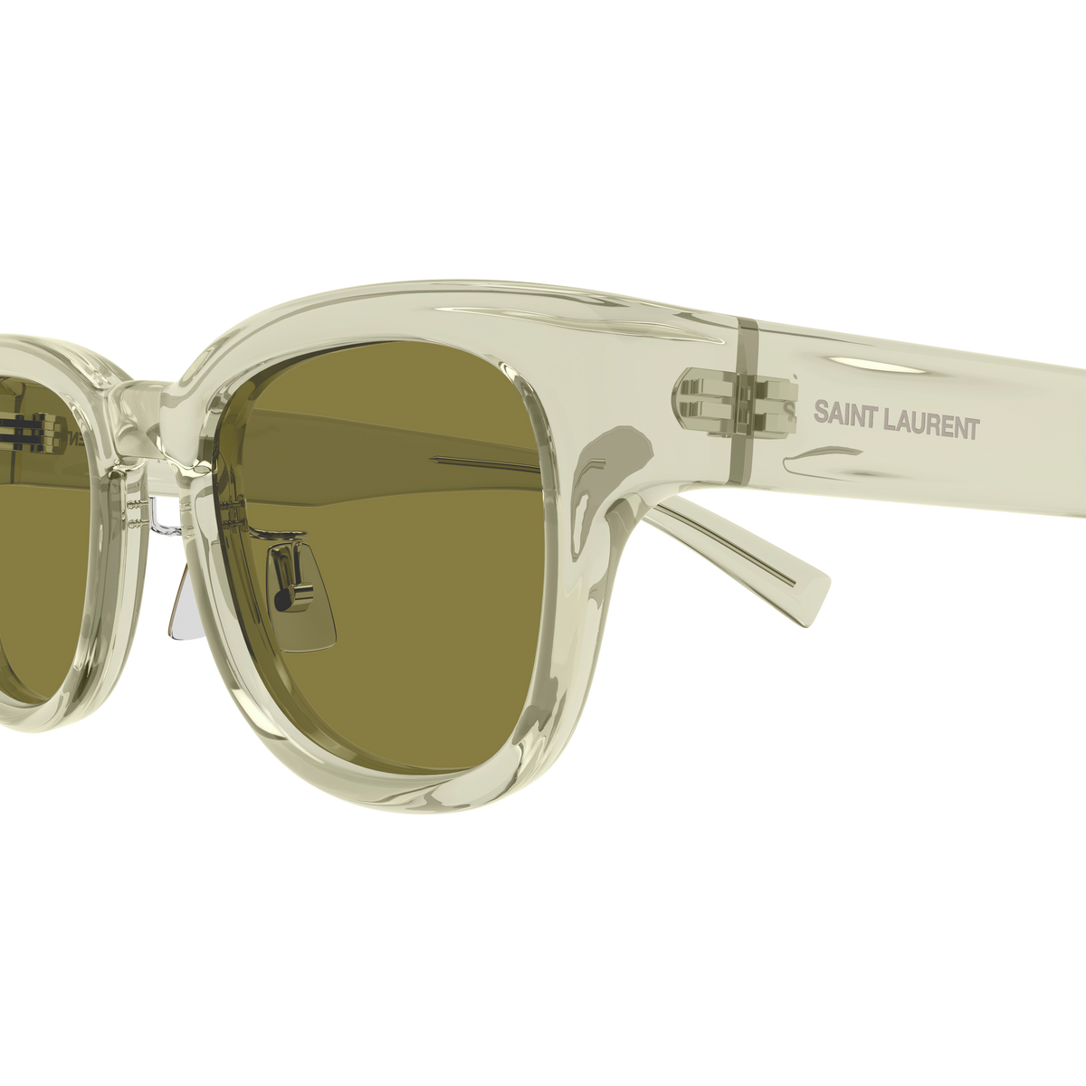 Saint Laurent SL Logo SL 957/J Vert Pâle Translucide 004 en détail des branches - Les Lunettes de Pauline